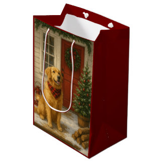 Bolsa De Regalo Mediana Tarjeta de Navidad de Golden Retriever