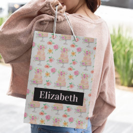 Bolsa De Regalo Mediana Tarta Apilada Con Patrón De Rosas En Acuarela
