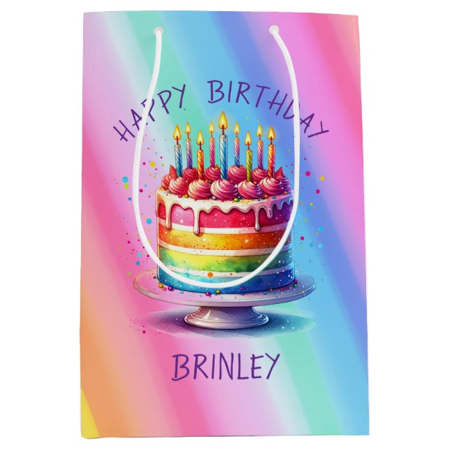 Bolsa De Regalo Mediana Tarta Arcoíris Feliz Cumpleaños (Anverso)