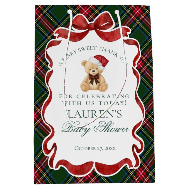 Bolsa De Regalo Mediana Tartan Plaid Christmas Bear Baby Shower Favors (Anverso)