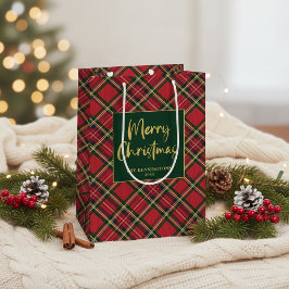 Bolsa De Regalo Mediana Tartán Rojo Jugó Guión Dorado Feliz Navidad