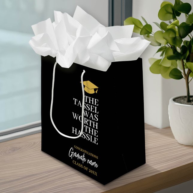 Bolsa De Regalo Mediana Tassel valía la pena la dificultad - graduación mo (Custom Graduation Gift Bag with a pace for the graduate's name)