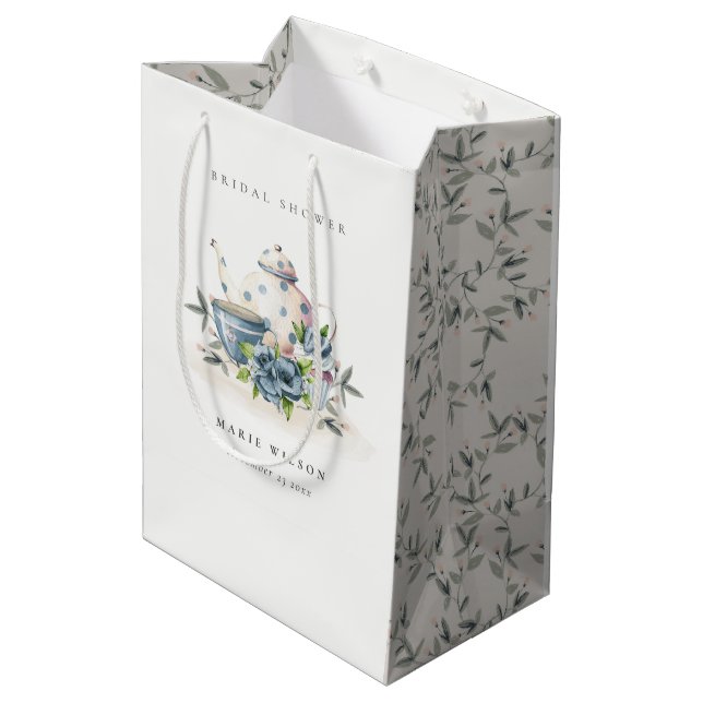 Bolsa De Regalo Mediana Taza de té floral azul acuático lindo para fiesta  (Angulo reverso)