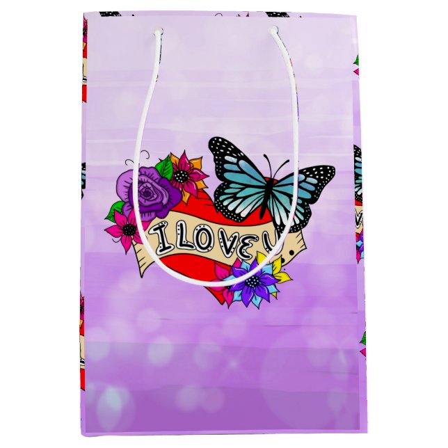 Bolsa De Regalo Mediana Te Amo | Corazones, Rosas y mariposas (Anverso)