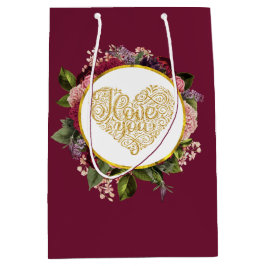 Bolsa De Regalo Mediana Te amo el corazón dorado con marco floral