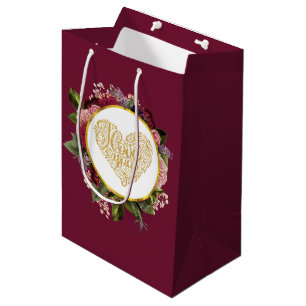 Bolsa De Regalo Mediana Te amo el corazón dorado con marco floral