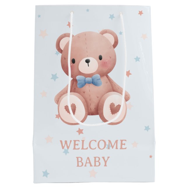 Bolsa De Regalo Mediana Teddy Bear Baby Boy Shower - Soft Blue Stars (Reverso)