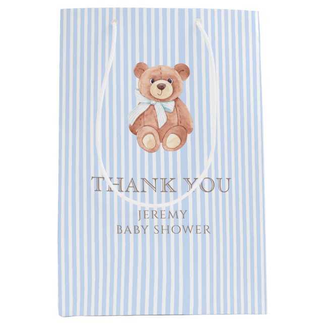Bolsa De Regalo Mediana Teddy Bear Boy Classic Blue Stripe Baby Shower (Anverso)