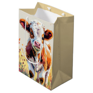 Bolsa De Regalo Mediana Ternera de cumpleaños con acuarela en campo de flo