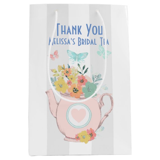 Bolsa De Regalo Mediana Tetera rosa con flores y mariposas gracias (Anverso)
