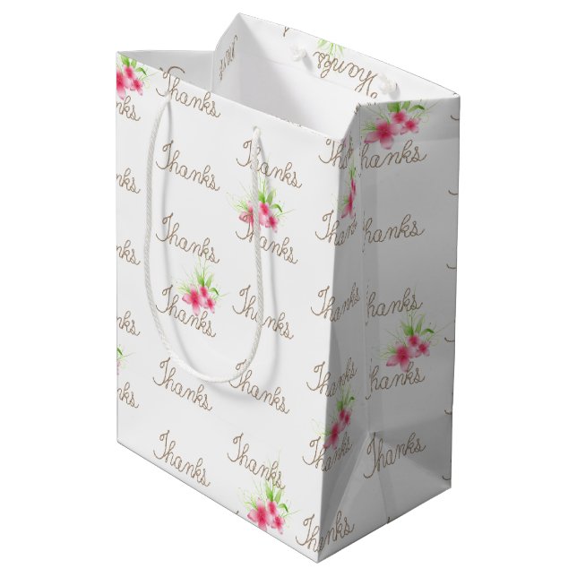 Bolsa De Regalo Mediana Texto de agradecimiento de Rope con flores rosas (Angulo reverso)