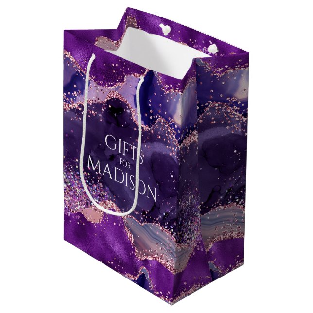 Bolsa De Regalo Mediana Textura de agate Purpurinoso púrpura (Angulo Anverso)