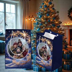 Bolsa De Regalo Mediana Tiempo de Navidades mágicos - copos de nieve dorad