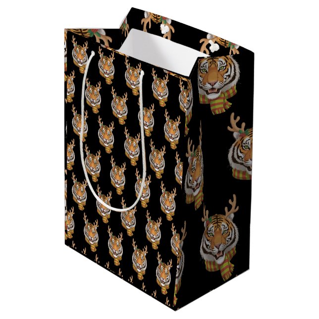 Bolsa De Regalo Mediana Tigre Reno Navidad Animal Con Cuernos Navidad  (Angulo reverso)