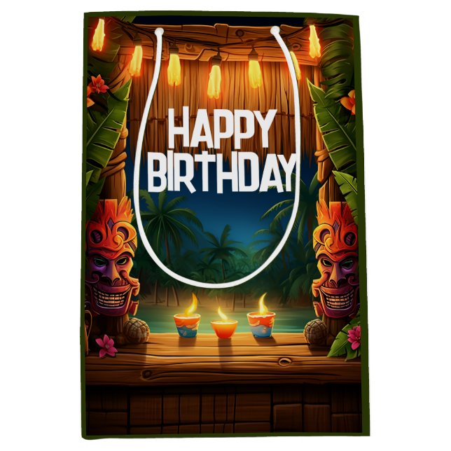 Bolsa De Regalo Mediana Tiki Luau Hawaii Isla Tropical Cumpleaños (Anverso)