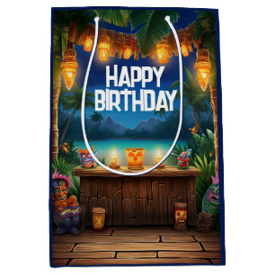 Bolsa De Regalo Mediana Tiki Luau Hawaii Isla Tropical Cumpleaños