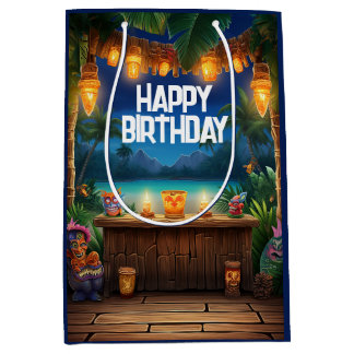 Bolsa De Regalo Mediana Tiki Luau Hawaii Isla Tropical Cumpleaños