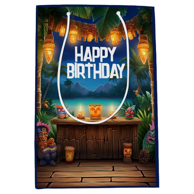 Bolsa De Regalo Mediana Tiki Luau Hawaii Isla Tropical Cumpleaños (Anverso)