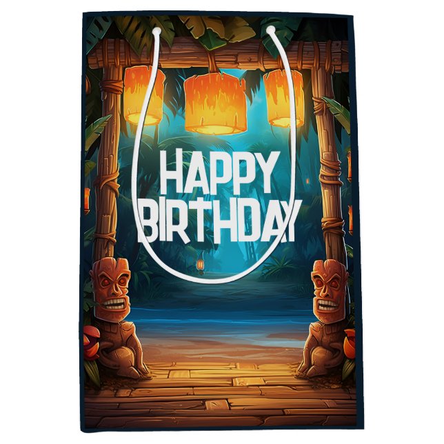 Bolsa De Regalo Mediana Tiki Luau Hawaii Isla Tropical Cumpleaños (Anverso)