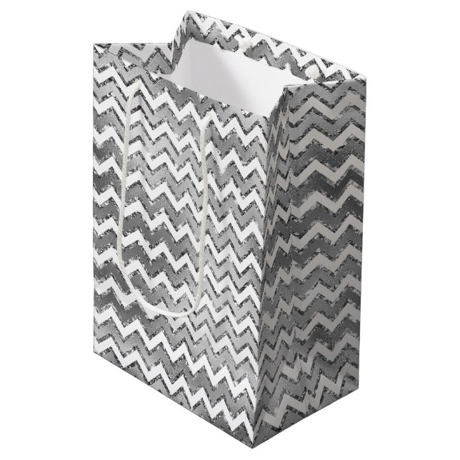 Bolsa De Regalo Mediana Tiras de Zigzag Blanco Glam Silver (Angulo Anverso)