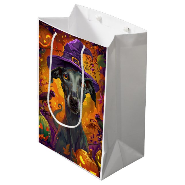 Bolsa De Regalo Mediana Tocante Perro Greyhound Halloween Bruja Y Calabaza (Angulo Anverso)