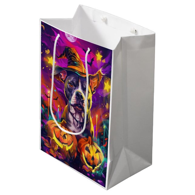 Bolsa De Regalo Mediana Tocante Perro Pitbull Halloween Bruja Y Calabaza (Angulo Anverso)