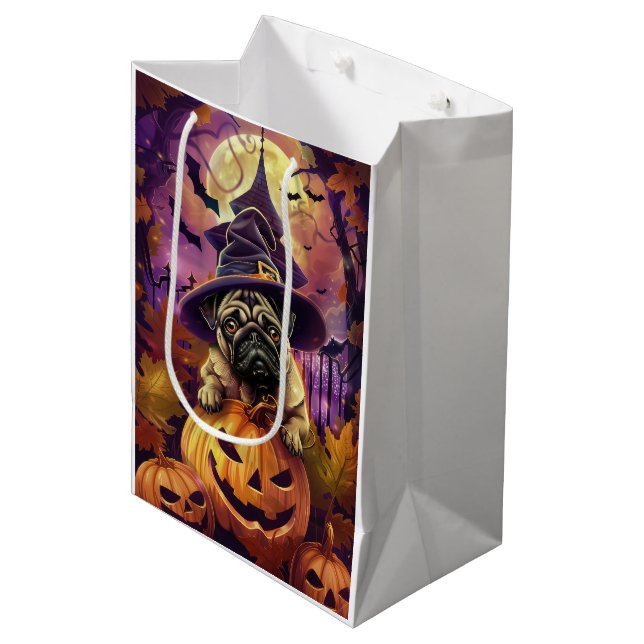 Bolsa De Regalo Mediana Tocante Perro Pug Halloween Bruja Y Calabaza (Angulo Anverso)