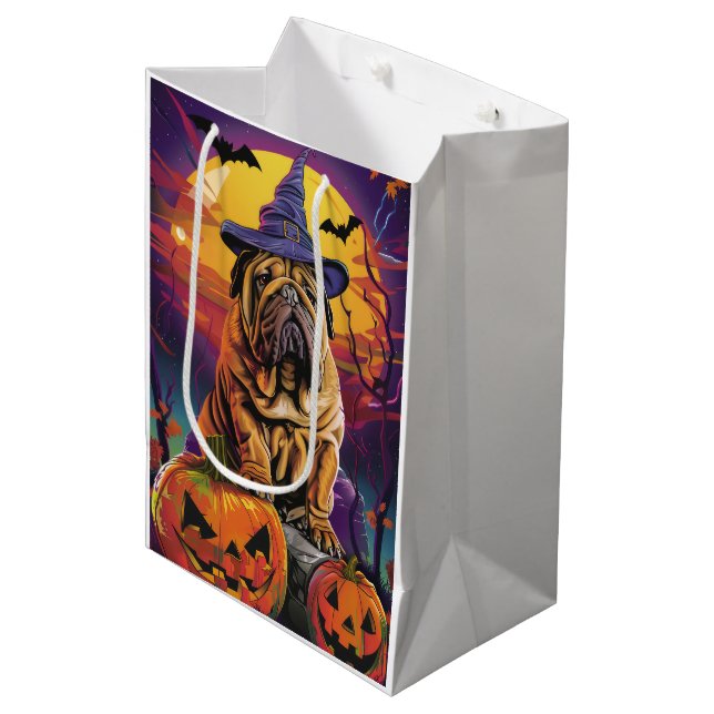 Bolsa De Regalo Mediana Tocante Shar Pei Perro Halloween Bruja Y Calabaza (Angulo Anverso)