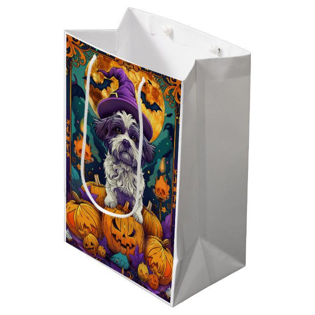 Bolsa De Regalo Mediana Tocante Shih Tzu Perro Halloween Bruja Y Calabaza (Angulo Anverso)