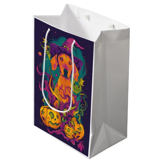 Bolsa De Regalo Mediana Tocante Vizsla Perro Halloween Bruja Y Calabaza (Angulo Anverso)