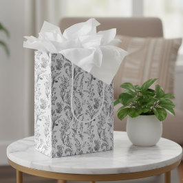 Bolsa De Regalo Mediana Toile Floral Blanco y Negro Elegante