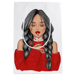 Bolsa De Regalo Mediana Tomar chocolate caliente en invierno con suéter ro