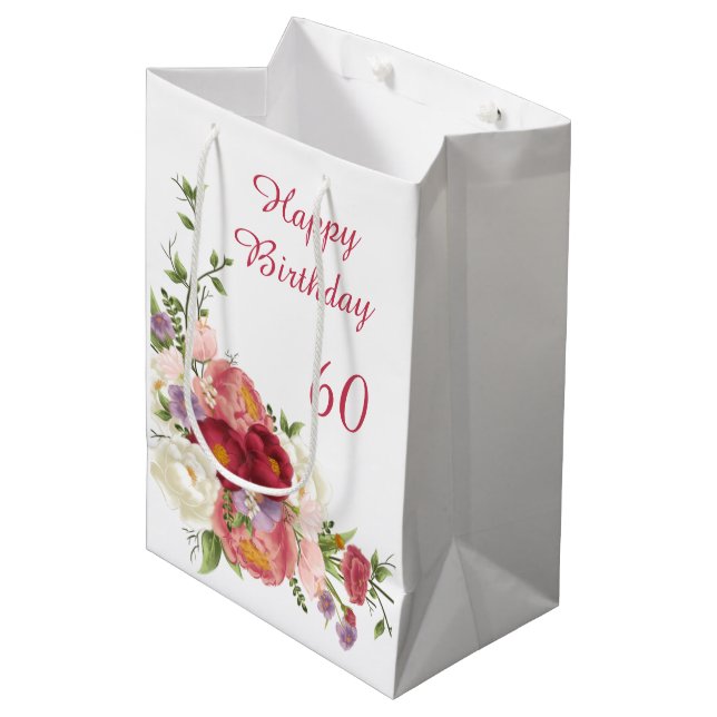 Bolsa De Regalo Mediana Tonos de flores rosadas de Peones Blancos Felices  (Angulo Anverso)