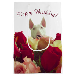 Bolsa De Regalo Mediana Toro terrier con rosas - ¡Feliz cumpleaños!