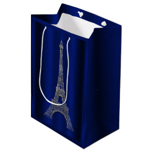 Bolsa De Regalo Mediana Torre Eiffel Plata Azul Real Favor de Boda París