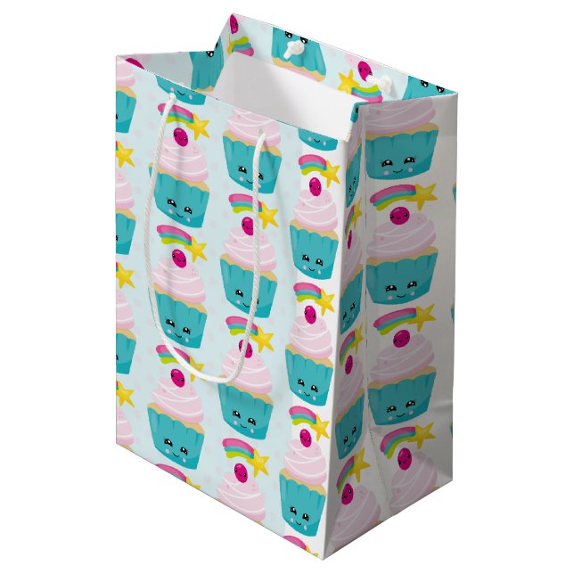Bolsa De Regalo Mediana Torta azul cúrcuma con patrón de cara de Kawaii (Angulo Anverso)