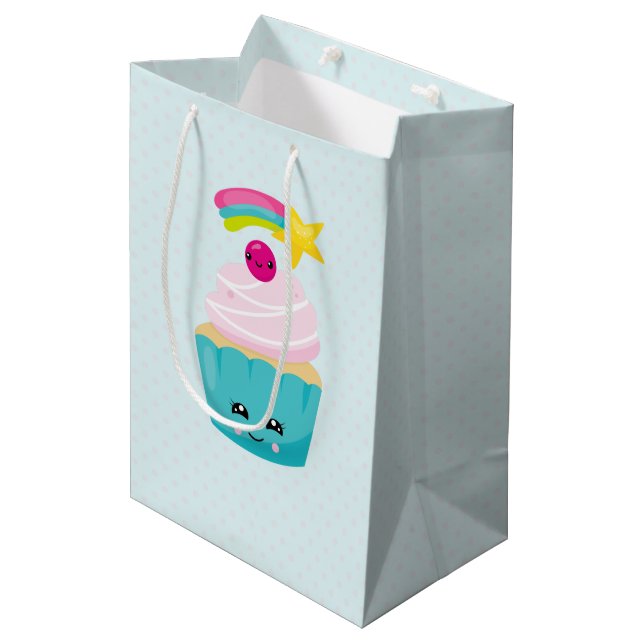 Bolsa De Regalo Mediana Torta azul dulce con cara de Kawaii (Angulo Anverso)