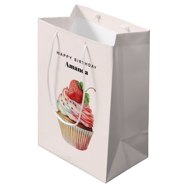 Bolsa De Regalo Mediana Torta de fresa dulce postre dulce Cumpleaños (Angulo Anverso)