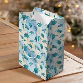 Bolsa De Regalo Mediana Tortuga Marina de Playa de Navidad Brillo Destello