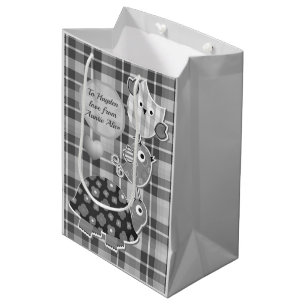 Bolsa De Regalo Mediana Tortuga y búho a cuadros grises lindos personaliza