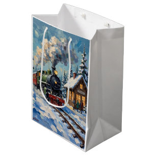 Bolsa De Regalo Mediana Tren de vapor vintage de Navidad en estación nevad