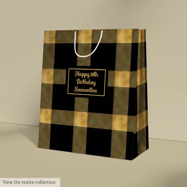 Bolsa De Regalo Mediana Trendy Black Gold Glitter 50th Birthday Gift Bag (Trendy Black Gold Glitter 50th Birthday Gift Bag)