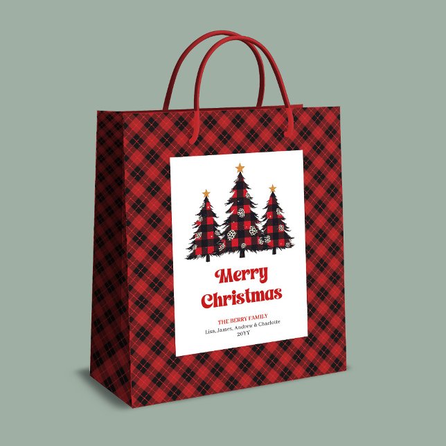 Bolsa De Regalo Mediana Trendy buffalo plaid Christmas gift bag editable (Trendy buffalo plaid Christmas gift bag editable)