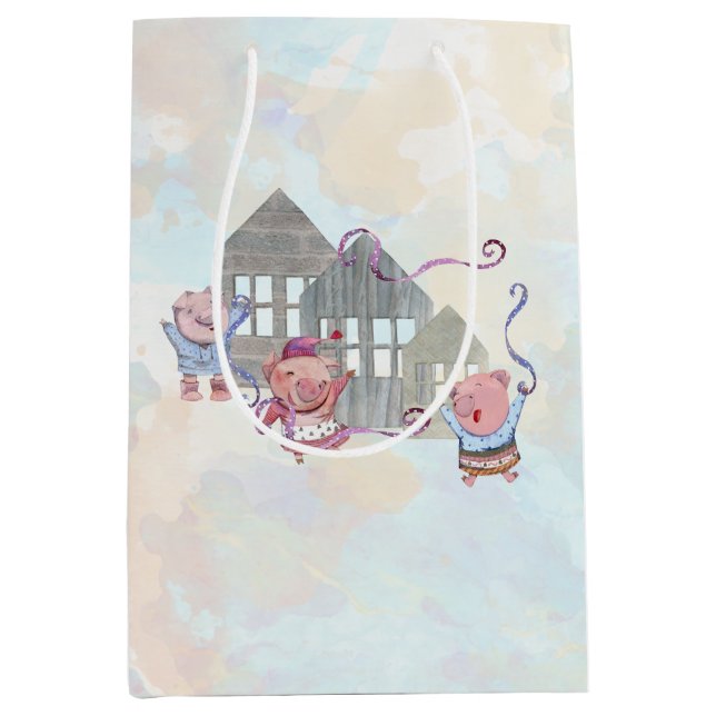 Bolsa De Regalo Mediana Tres Cerditos con sus casas (Anverso)