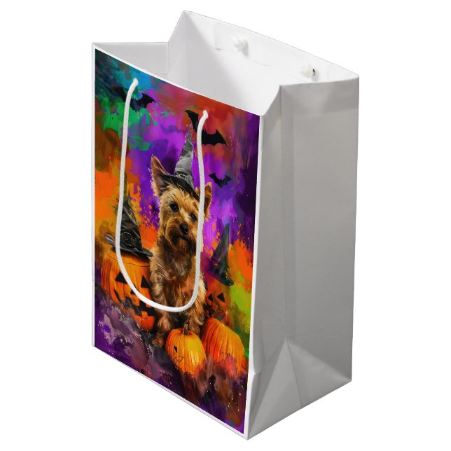 Bolsa De Regalo Mediana Triste Cairn Terrier Dog Halloween Bruja Calabaza (Angulo Anverso)