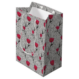 Bolsa De Regalo Mediana Tulip Damasco Art Nouveau, gris / gris y rojo