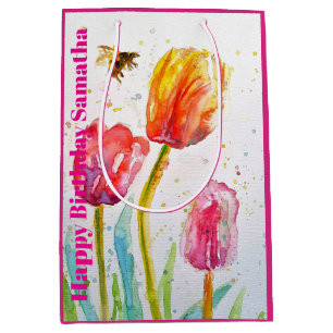 Bolsa De Regalo Mediana Tulipán de agua rosa rojo Cumpleaños de mujer
