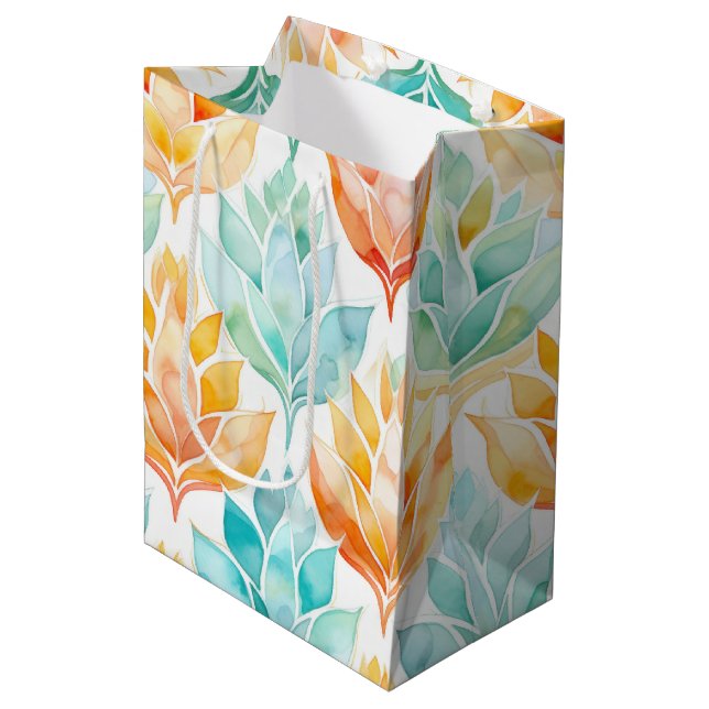 Bolsa De Regalo Mediana Turquesa Mandarina Floral Abstracto (Angulo Anverso)