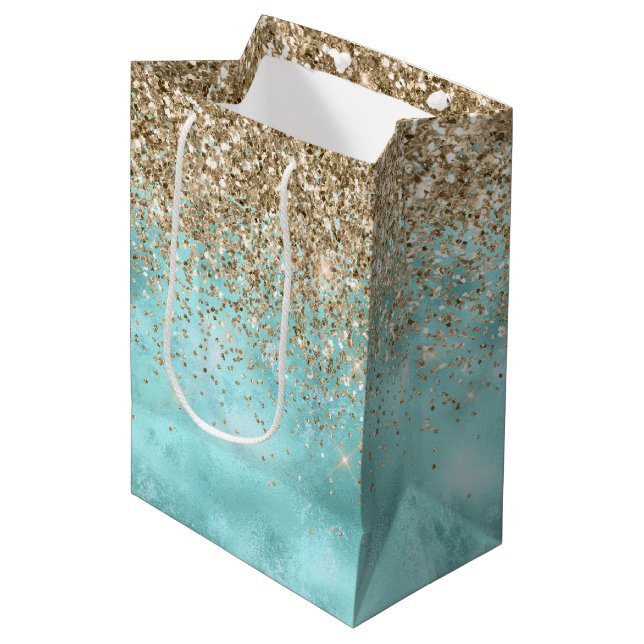 Bolsa De Regalo Mediana Turquoise Aqua Gold Glam Purpurina Sparkle      (Angulo Anverso)