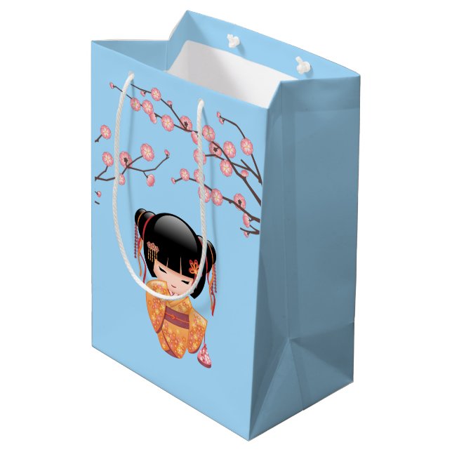 Bolsa De Regalo Mediana Ume Kokeshi Doll japonés Geisha Chica Azul (Angulo reverso)
